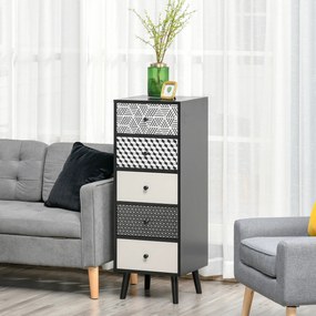 HOMCOM Mobila Comoda cu 5 sertare Fantezie Geometrica, Mobilier modern pentru camera și hol, dimensiune 39.5x39.5x110 cm culoare Negru Gri