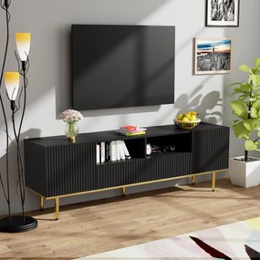 Mobilier TV Modern Modern cu Detalii Aurii, Două Rafturi și Două Sertare, din Lemn de Înaltă Calitate, 165x36x55 cm, Negru