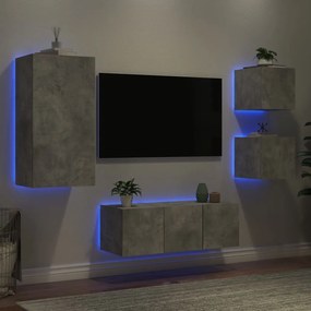 3216828 vidaXL Unități TV de perete cu LED-uri 5 piese gri beton lemn compozit