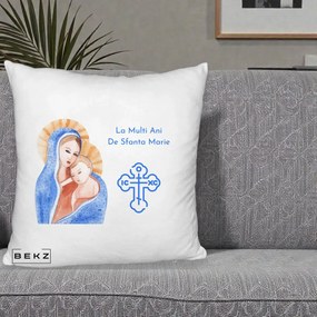 Cadou de Onomastica - Perna Personalizata Sfanta Marie Icoana Acuarela, 40x40 cm, Alb Pufos, Husa Detasabila, Perna Inclusa, BEKZ®