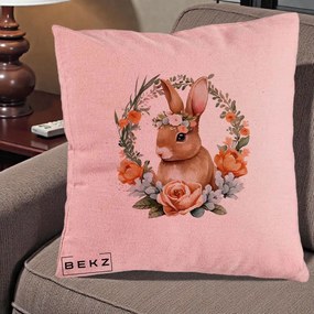 Perna Decorativa Iepuras Floral Coronita Acuarela, 40x40 cm, Roz, Husa Detasabila, Perna Inclusa, BEKZ®