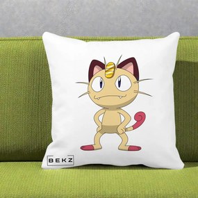 Perna Personalizata Meowth Pokemon, 40x40 cm, Alba Mata, Husa Detasabila, Perna Inclusa, BEKZ®
