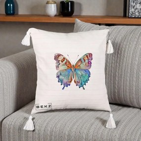 Perna Decorativa Fluture Acuarela Multicolor Portocaliu-Bleu-Mov, 40x40 cm, Bej cu Franjuri, Husa Detasabila, Perna Inclusa, BEKZ®