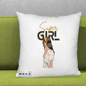 Perna Decorativa Super Girl Aesthetic, 40x40 cm, Alb Pufos, Husa Detasabila, Perna Inclusa, BEKZ®