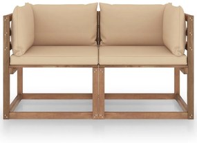 Canapea din paleti de gradina, 2 locuri, perne bej, lemn de pin