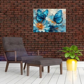 Tablou pe sticlă - Fluturi albaștri (70x50 cm)