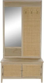 Cuier de hol din lemn de paulownia și rattan cu oglindă și banchetă cu depozitare, 92×40×181 cm, „Perchero"