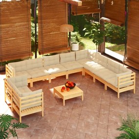 3096917 vidaXL Set mobilier grădină cu perne crem, 11 piese, lemn masiv de pin