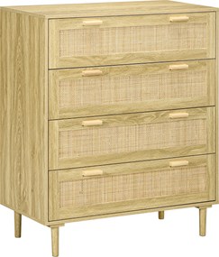 HOMCOM Comodă cu 4 Sertare în Stil Boho, Comodă din Lemn și Ratan pentru Dormitor și Hol, 90x45x108,5 cm, Stejar | Aosom Romania