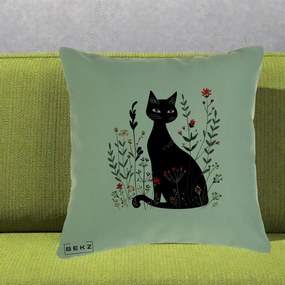 Perna Decorativa Pisica Neagra Botanica Rosu-Gri, 40x40 cm, Verde, Husa Detasabila, Perna Inclusa, BEKZ®