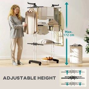 HOMCOM Uscător de Rufe Tip Turn cu 4 Niveluri, Suport pentru Uscat Rufe cu Aripi Laterale Pivotante și 4 Roți, 73x64x177 cm, Negru