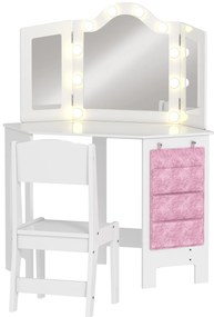 AIYAPLAY Masă de toaletă pentru copii 2 în 1 cu scaun oglindă triptică și lumini LED bicolore 93,6 x 48,5 x 111,5 cm alb | Aosom Romania