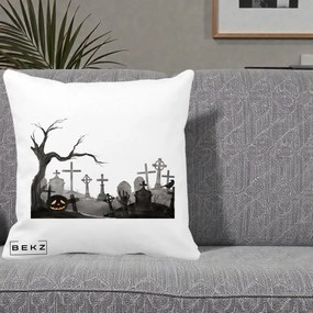 Perna Decorativa Halloween Cimitir Acuarela cu Dovleac, 40x40 cm, Alba Mata, Husa Detasabila, Perna Inclusa, BEKZ®