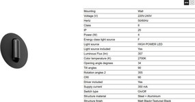 Aplica cu reader LED directionabil stil minimalist TIMIT negru