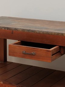 Consolă hol vintage din lemn reciclat, maro, cu blat din zinc, sertar și 2 rafturi, 93 x 122 x 46 cm, „Dara”