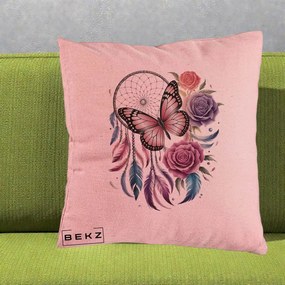 Perna Personalizata Prinzator de Vise cu Fluture si Trandafiri, 40x40 cm, Roz, Husa Detasabila, Perna Inclusa, BEKZ®
