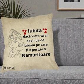 Cadou pentru Iubita - Perna Personalizata Iubita Nemuritoare cu Cuplu Line-Art si Inimi Rosii, 40x40 cm, Crem, Husa Detasabila, Perna Inclusa, BEKZ®