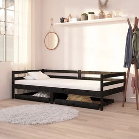 3083678 vidaXL Pat de zi cu sertare, negru, 90x200 cm, lemn masiv de pin