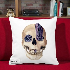 Perna Decorativa Craniu cu Cristale de Ametist, 40x40 cm, Alba Mata, Husa Detasabila, Perna Inclusa, BEKZ®