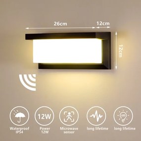 Aplică LED de exterior cu senzor Brilagi BRICKY LED/12W/230V negru IP54