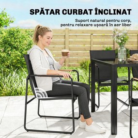 Outsunny Set Masă și Scaune de Grădină 7 Piese, Set Prânz Exterior cu Masă din Sticlă Temperată, 6 Scaune din Texteline Respirabil, Cotiere Decorative, Structură din Oțel pentru Terasă Balcon, Negru | Aosom Romania