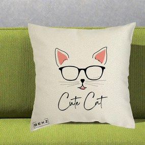 Perna Personalizata Cute Cat cu Ochelari, 40x40 cm, Ecru, Husa Detasabila, Perna Inclusa, BEKZ®