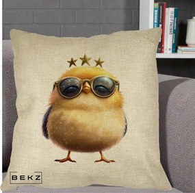 Perna Decorativa Pui Gold Star cu Ochelari Aurii, 40x40 cm, Crem, Husa Detasabila, Perna Inclusa, BEKZ®
