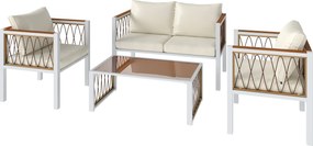 Outsunny Set mobilier grădină 4 piese Polyrattan lounge cu canapea 2 locuri, 2 fotolii, masă cu sticlă, perne detașabile, saltea antiderapantă | Aosom Romania