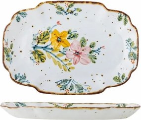 Platou de servire din ceramică artizanală albă cu motive florale roz pictate manual și margine aurie, 31×21×3 cm, "Savina"
