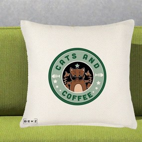 Perna Personalizata Cats and Coffee Starbucks, 40x40 cm, Crem Reliefat, Husa Detasabila, Perna Inclusa, BEKZ®
