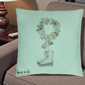 Perna Decorativa Patine cu Coroana Florala de Craciun, 40x40 cm, Verde Menta, Husa Detasabila, Perna Inclusa, BEKZ®