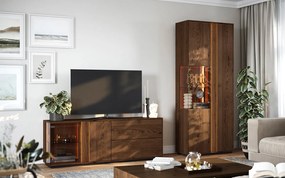 Comodă TV lemn masiv Aurora cu Vitrină Iluminată Stejar Fumuriu, 165 × 43.5 × 60 cm
