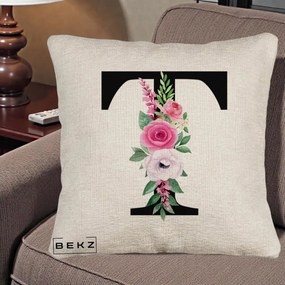 Cadou Personalizat - Perna Personalizata Monograma Florala Litera T, 40x40 cm, Bej Canapea, Husa Detasabila, Perna Inclusa, BEKZ®