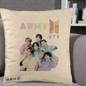 Perna Personalizata K-pop BTS ARMY Fotografie Grup Veseli, 40x40 cm, Bej, Husa Detasabila, Perna Inclusa, BEKZ®