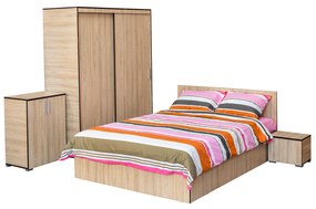 Set dormitor CORINNE, 5 piese, pat 160x200 cm, dulap usi glisante, 2 noptiere, comoda, sonoma deschis, cant sonoma inchis