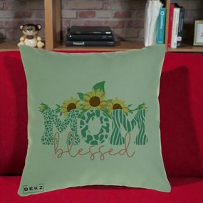 Cadou pentru Mama - Perna Personalizata Mom Blessed cu Floarea Soarelui Animal Print Teal, 40x40 cm, Verde, Husa Detasabila, Perna Inclusa, BEKZ®