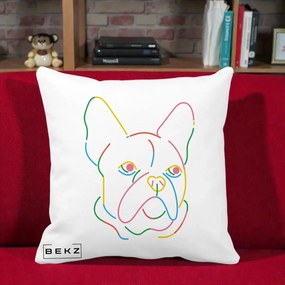 Perna Decorativa Bulldog Francez Line Art Curcubeu, 40x40 cm, Alba Mata, Husa Detasabila, Perna Inclusa, BEKZ®