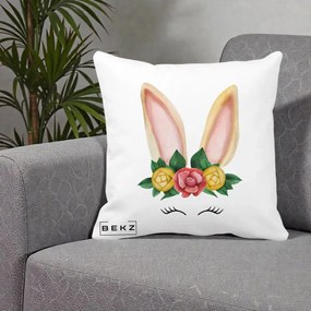 Perna Decorativa Iepuras Flori Urechi Pastelui, 40x40 cm, Alba Mata, Husa Detasabila, Perna Inclusa, BEKZ®