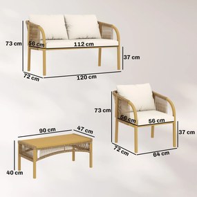 Outsunny Set mobilier de grădină exterior 4 piese cu canapea 2 fotolii masă perne, oțel rășină împletită, 120x72x73cm, Kaki | Aosom Romania