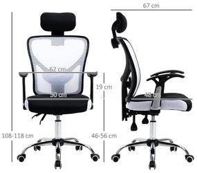 Vinsetto Scaun de Birou Rotativ Scaun de Oficiu cu Înălțime Ajustabilă Spătar Înclinabil Tetieră Reglabilă și Suport Lombar Tapitat în Mesh Respirabil Alb | Aosom Romania