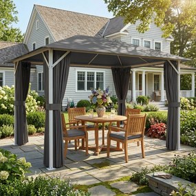 Outsunny Pavilion cca. 4x3 m Rezistent la apă Stabil Rezistent la iarnă Pavilion de grădină cu plasă anti-țânțari 4 părți laterale Ventilație Orificii de drenaj | Aosom Romania