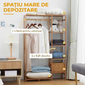 HOMCOM Suport pentru Haine din Bambus cu Rafturi pe 6 Niveluri și Bară pentru Haine, Stender pentru Dormitor și Hol, Design Modern, 90x30x145 cm, Lemn Natural | Aosom Romania
