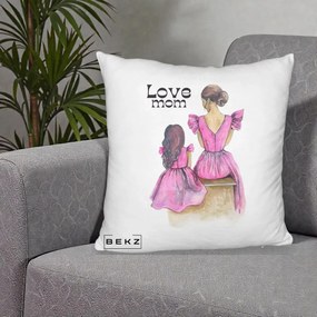 Cadou pentru Mama - Perna Personalizata Love Mom Rochii Roz, 40x40 cm, Alb Pufos, Husa Detasabila, Perna Inclusa, BEKZ®