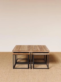 Măsuță de cafea cu scaune, pătrată, din lemn de tec, natur, set cu 4 taburete și cadru din metal negru, 40 x 90 x 90 cm, „Pocket”