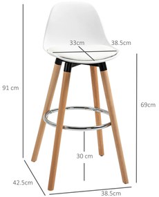 HOMCOM Set de 2 Scaune Înalte de Bar cu Spătar, Scaune Înalte cu Pernă și Pernițe pentru Picioare, 38,5x42,5x91 cm, Alb | Aosom Romania