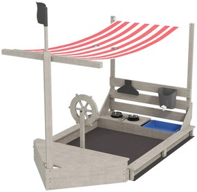 Outsunny Cutie de nisip cu parasolar Vapor pirat, inclusiv set de joc de bucătărie pentru copii, Lemn masiv, 180 x 103 x 144,5 cm, Gri | Aosom Romania