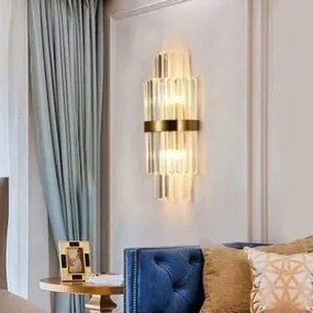 Aplică Aurie cu Cristale – 2 Fasunguri E14, Design Elegant din Metal și Cristal, 36×20×10 cm