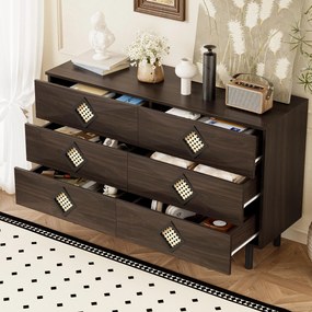 Masă de machiaj cu 6 sertare, mânere din ratan, spațiu mare de depozitare, pentru dormitor și living, 120x40x74,5 cm, Culoare naturală