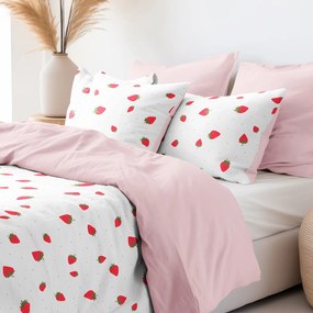 Goldea lenjerie de pat din 100% bumbac duo - căpșuni proaspete cu roz pudră 200 x 220 și 2buc 50 x 70 cm (din două bucăți, cusătură pe mijloc)