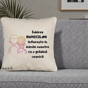 Cadou pentru Bunici - Perna Personalizata Iubirea Bunicilor Infloreste Cuplu Line Art Gradient, 40x40 cm, Bej Canapea, Husa Detasabila, Perna Inclusa, BEKZ®